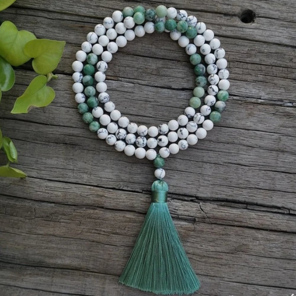 White Howlite 108 Mala Beads Prayer Tassel Healing Meditation Chakra Necklace